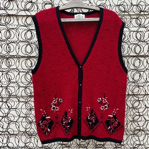Vintage Graff Red Wool Blend Floral Embroidered Beaded Sweater Vest LARGE - Picture 1 of 6
